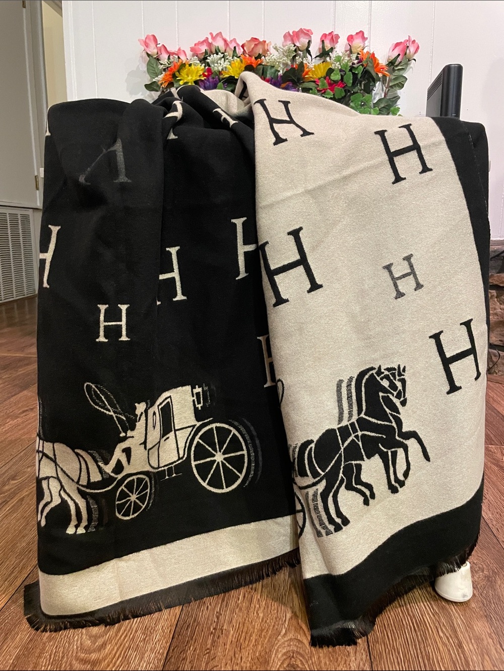 Luxury Black & Cream Soft Scarf with Horse and Carriages Motif